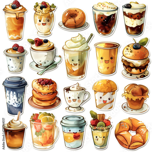 A collection of cartoon food items, including donuts, cupcakes, and sandwiches