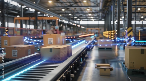 warehouse, conveyor, boxes, technology, logistics, illuminated, advanced, dynamic, industry, shipping, distribution, futuristic, automation, light, package, transport, supply chain, factory, high-tech © IULIIA
