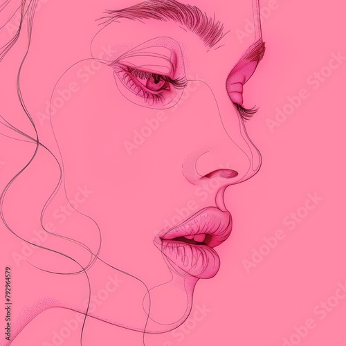 Sketch of a beautiful young woman on pink background.