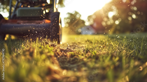 Lawn mower cutting grass at sunset. Gardening and landscaping concept. Close-up of lawn maintenance work with golden sunlight for outdoor, garden design and lifestyle with copy space.
