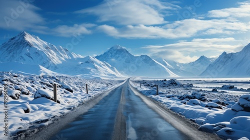 Beautiful winter landscape of Iceland. Panoramic view of the road and mountains.