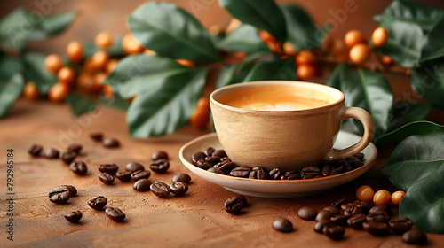 Coffee cup and coffee beans on wooden table. Coffee background photo