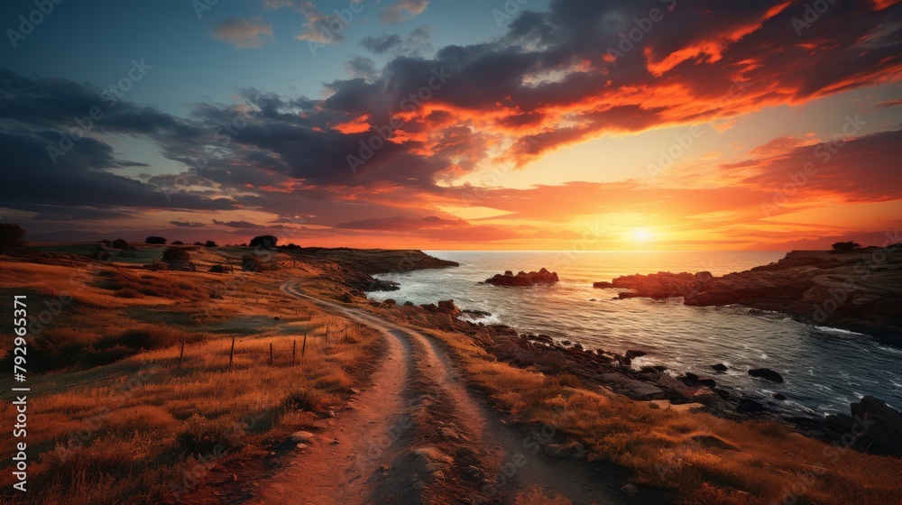 Dramatic sunset over the ocean with a path leading to the horizon