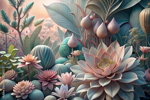 Illustration of flowers and plants in pastel colors. Generative AI