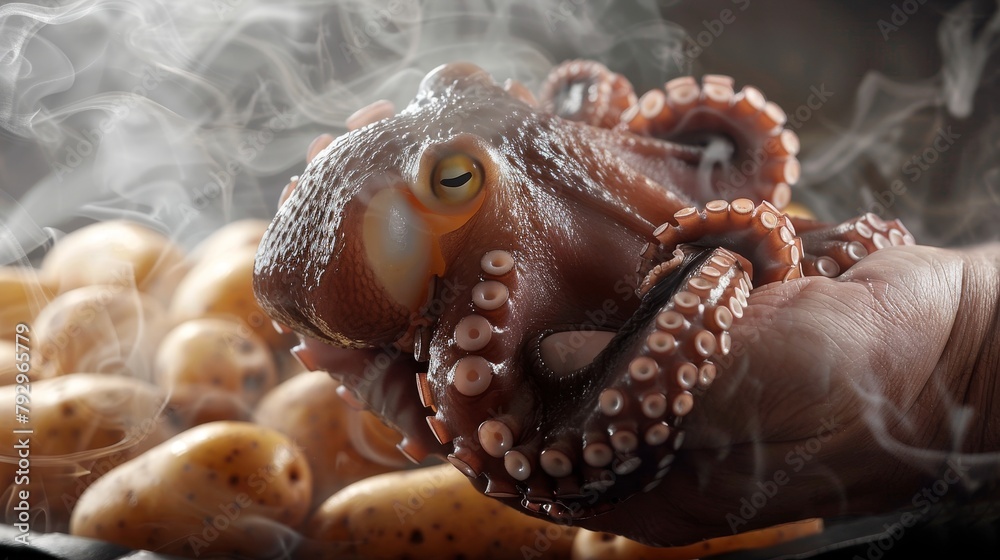Artful display of a hand holding an octopus with a backdrop of steaming potatoes, perfect for gourmet ads, pure isolated background, studio lighting Artful display of a hand holding an octopus with a backdrop of steaming potatoes, perfect for gourmet ads, pure isolated background, studio lighting