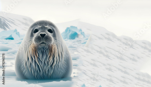 Solitary Weddell seal resting on an ice floe gazing curiously at the camera, generative ai