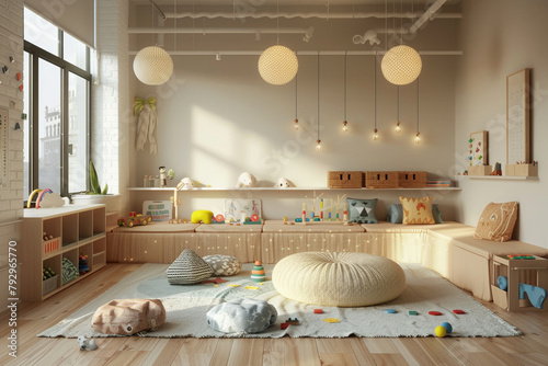 The childrenâ€™s playroom in a Scandinavian loft, designed with minimalist furniture, soft, muted colors, and playful decor. photo