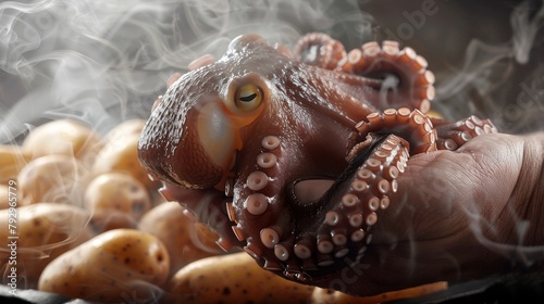 Artful display of a hand holding an octopus with a backdrop of steaming potatoes, perfect for gourmet ads, pure isolated background, studio lighting