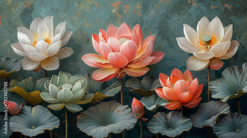 3D  wall art  lotus  white  coral  green  blossoms  tranquil  peaceful  elegant  botanical  decor  home  interior  leaves  serene  pond  floral  artwork  sculpture  nature  beauty  design  texture  or