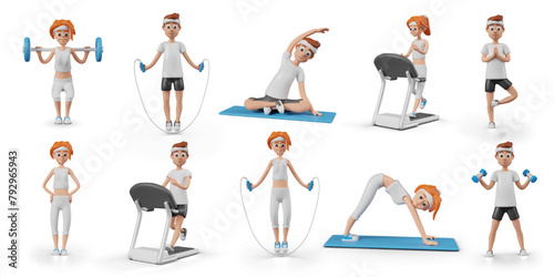 Set of vector 3D characters doing sports. Men and women train with different inventory and equipment