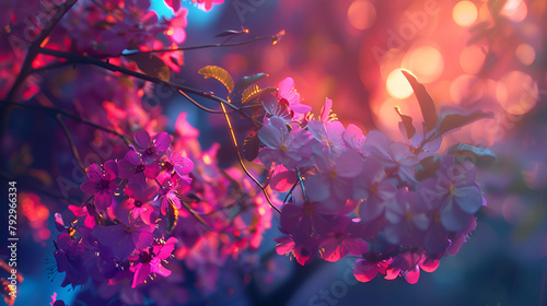 hermoso paisaje de flores en tonos rosas y morados con una luz de fondo que ilumina las ramas con floreadas fondo artístico y hermoso cálido y ornamental © Erika