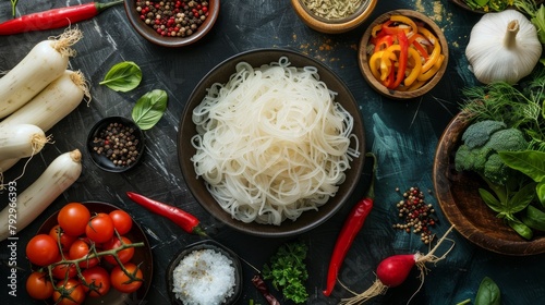 Top view of ingredients for cooking noodles on dark background with copy space photo
