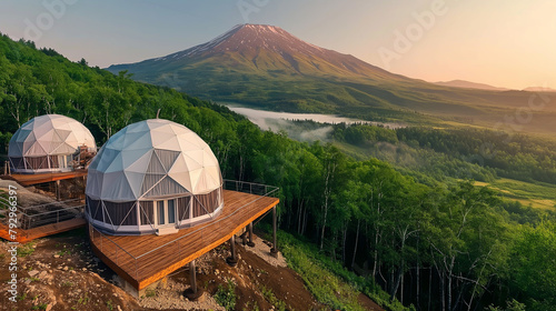 Domes house in the forest and mountain on background