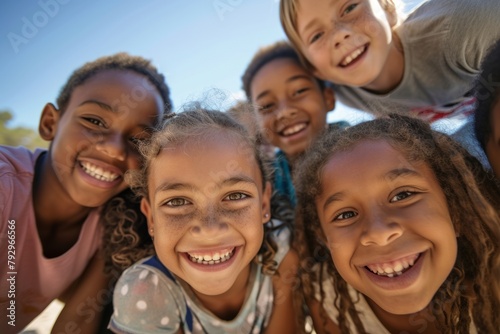 Portrait of group of smiling children looking at camera on sunny day