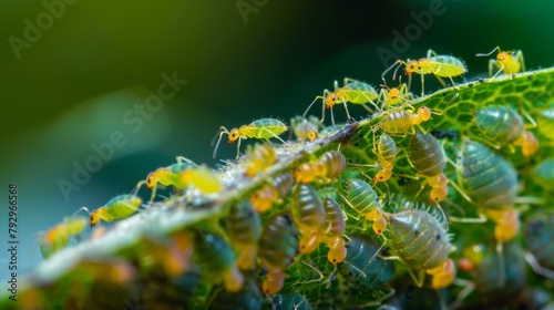 A cluster of tiny aphids being tended to by ants on the surface of a leaf