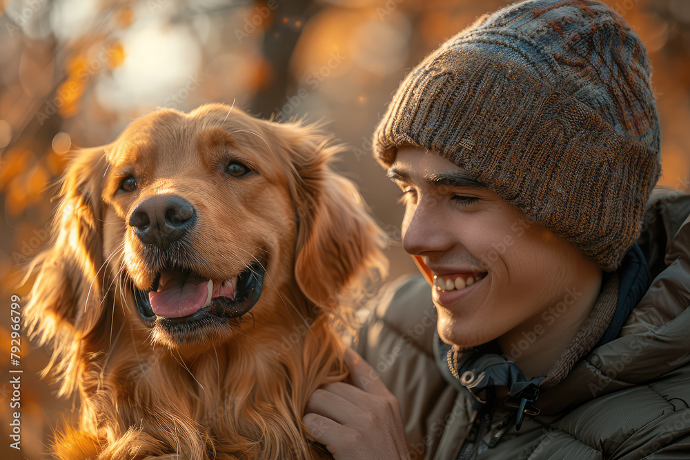A young man in his late teens wearing an autumn beanie and jacket is smiling while holding the head of a happy golden retriever dog with soft fur. Created with Ai