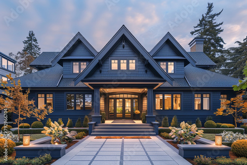 The front perspective of a striking midnight blue craftsman cottage style house, with a triple pitched roof, featuring beautifully arranged plantings and a smooth,  photo