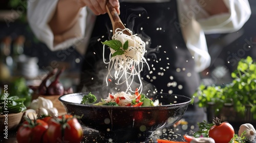 Close up of female hands cooking shirataki noodle with vegetables on kitchen photo