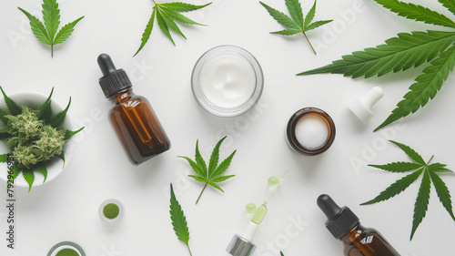 CBD oil products arranged with cannabis leaves and buds on a white background, wellness and alternative medicine. photo