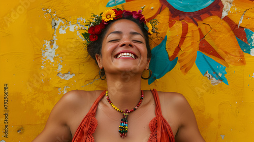 rostro de mujer representando y expresando felicidad y alegría con un toque cultural y tradicional orgullosamente latina proyectando tranquilidad y armonia photo