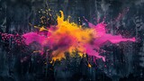 An abstract painting captures an explosive burst of pink and yellow against a stark black background, symbolizing energy and creativity.