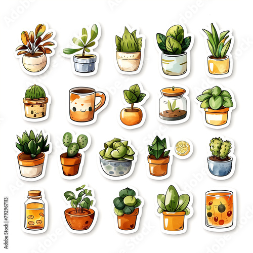A collection of plant stickers, including a mug, a vase, and a bottle