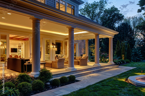 Luxe home exterior at sunset inviting interior lighting chic porch and landscaped yard. © ILOVEART