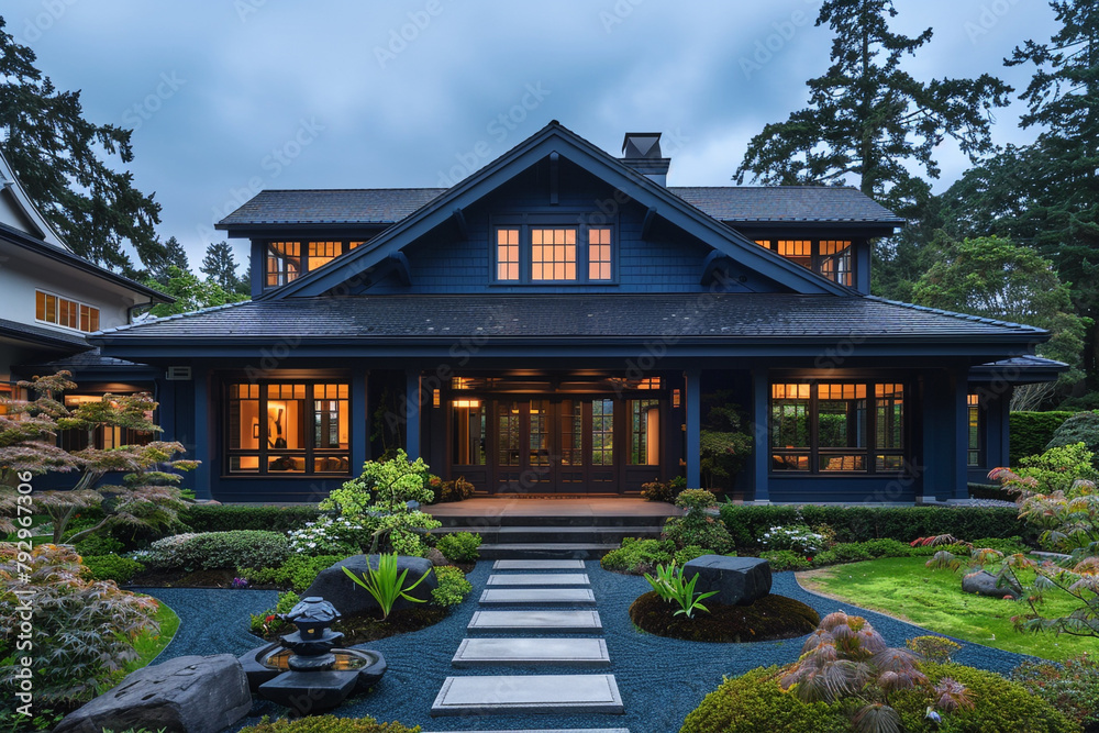 The quarter view of a rich indigo craftsman cottage with a dual-pitched gable roof, accented by a Japanese zen garden and a minimalist stepping stone path, offering a tranquil and mindful space.