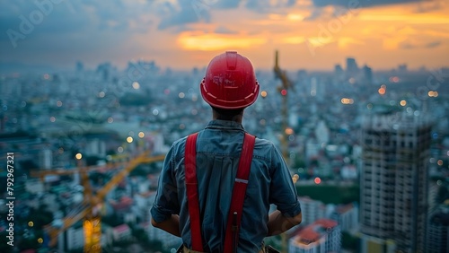 Supervising City Construction: Foreman in Red Helmet Overseeing Urban Landscape. Concept Construction, Foreman, Red Helmet, Urban Landscape, Supervising