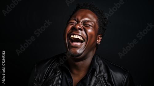 Portrait of a joyous African American man genuinely laughing, captured against a dark backdrop.
 photo