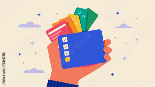 A hand holding a stack of travel credit cards accompanied by a list of pros and cons for each one to help digital nomads make the right
