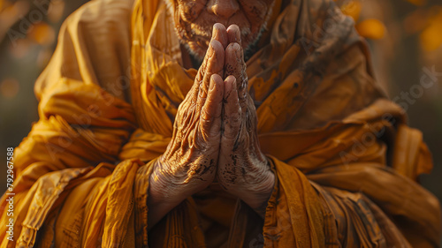Elderly monk with hands in prayer