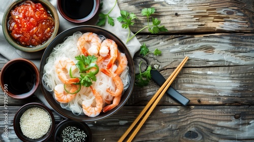 Shrimp and Shirataki noodles in bowl with chopsticks on wooden background photo