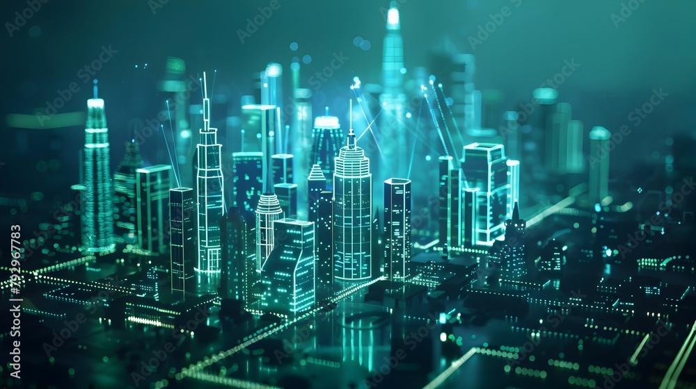 Futuristic City Skyline Illuminated as a 3D Holographic Projection
