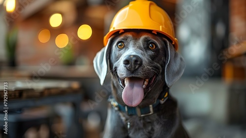 Dog wearing construction helmet representing building and generation. Concept Dogs, Construction, Generation, Fun, Creative photo