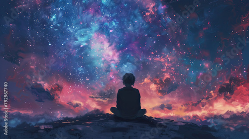 Abstract illustration of meditating and observing the universe background photo