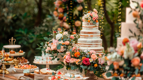 Boho style wedding cake in the garden. selective focus.