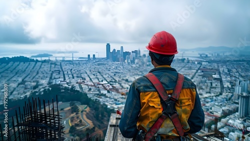 Construction foreman in red helmet overseeing urban city landscape at work site. Concept Construction, Foreman, Red Helmet, Urban City Landscape, Work Site,