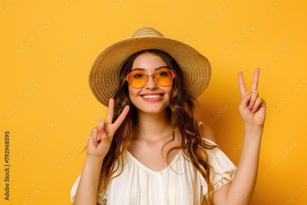 Portrait of smiling young woman in straw summer hat, orange glasses pointing index fingers up on copy space isolated on yellow background. People sincere emotions, lifestyle concept. Advertising area