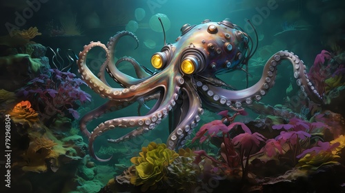 Create a surrealist scene of a robotic octopus
