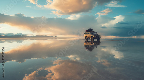 A rugged off-road vehicle parked on the crystalline surface of the Salar de Uyuni