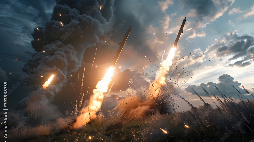 Intense Air-to-Ground Missile Strike During Fierce Battlefield Scenario with Smoke Trails and Fiery - obrazy, fototapety, plakaty 