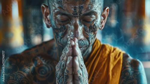 A tattooed monk in meditation with incense smoke.