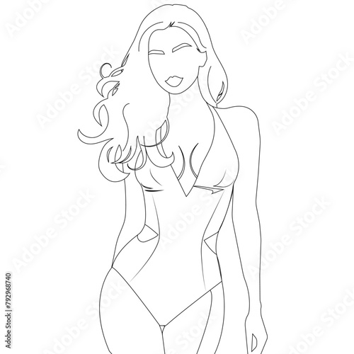 Vector contour drawing of a sexy young woman in a stylish swimsuit. 