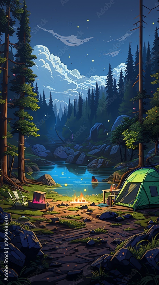 Combining pixel art techniques, showcase unexpected camera angles capturing a blend of futuristic technologies and wilderness camping