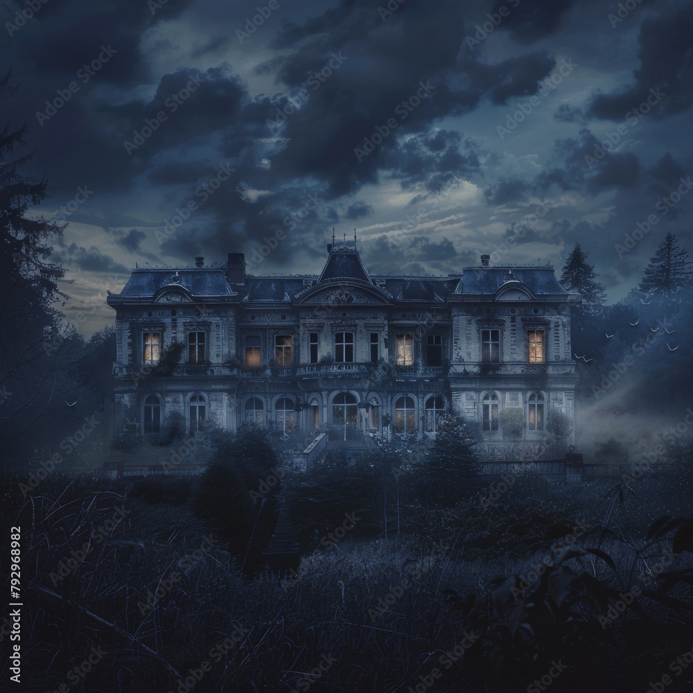 Mysterious haunted mansion in a dark forest under a moody, cloudy night sky