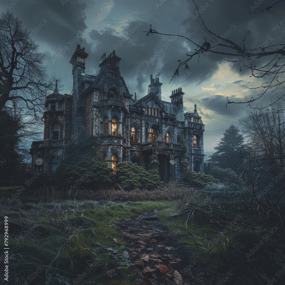 Mysterious haunted mansion in a dark forest under a moody, cloudy night sky