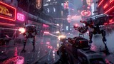Robotic Warfare in a Neon-Lit Dystopian Cityscape