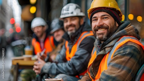Happy construction workers in reflective vests and helmets taking a break. Concept Construction Workers, Reflective Vests, Helmets, Break Time, Happy vibe