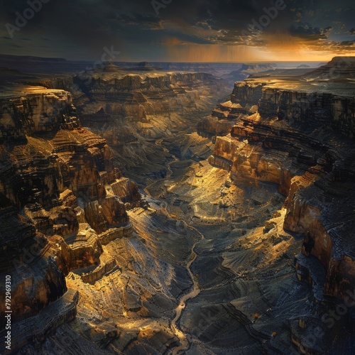 Sunset paints the Grand Canyon with golden hues in this breathtaking landscape shot